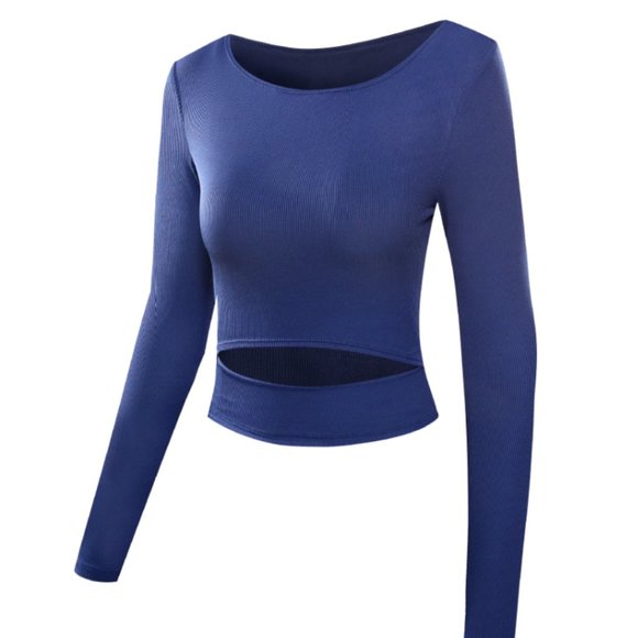 NEW SEAMLESS SCULPT Navy Blue RIBBED LONG Slv CUT OUT VITAL GYM WORKOUT Crop TOP - Picture 4 of 4